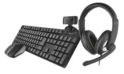 KIT TRUST HOME OFFICE BUNDLE 4 IN 1 QOBY TECLADO+MOUSE+AURICULARES+WEB CAM